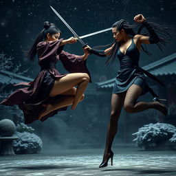 A dynamic and dramatic sword fight scene between two tall, slim women with long legs