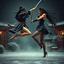 A dynamic and dramatic sword fight scene between two tall, slim women with long legs