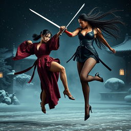 A dynamic and dramatic sword fight scene between two tall, slim women with long legs