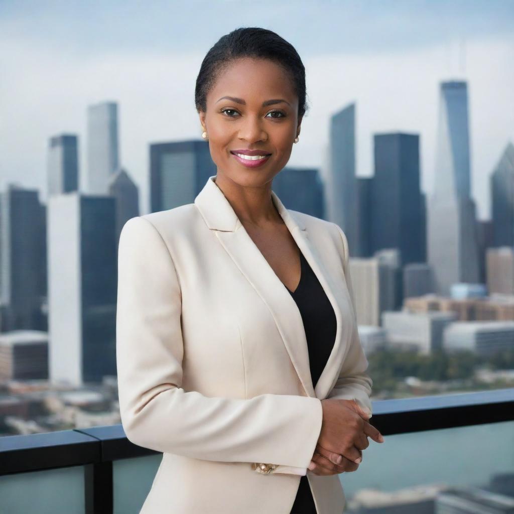 An empowered, successful business woman confidently standing in a modern corporate office, elegantly dressed in professional attire, with a skyline view in the background.