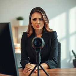 A woman with a confident and alluring expression sits elegantly dressed in front of a web cam, her demeanor professional and engaging