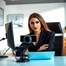 A woman with a confident and alluring expression sits elegantly dressed in front of a web cam, her demeanor professional and engaging