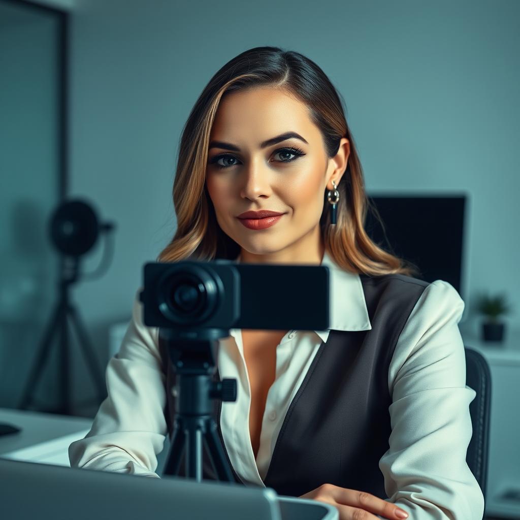 A woman with a confident and alluring expression sits elegantly dressed in front of a web cam, her demeanor professional and engaging