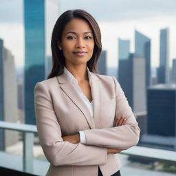 An empowered, successful business woman confidently standing in a modern corporate office, elegantly dressed in professional attire, with a skyline view in the background.