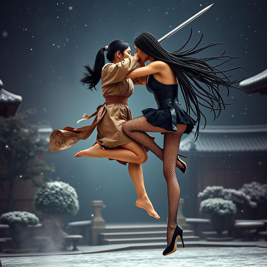 A dynamic and intense sword fight scene between two tall, slim women with long legs locked in a passionate kiss mid-air