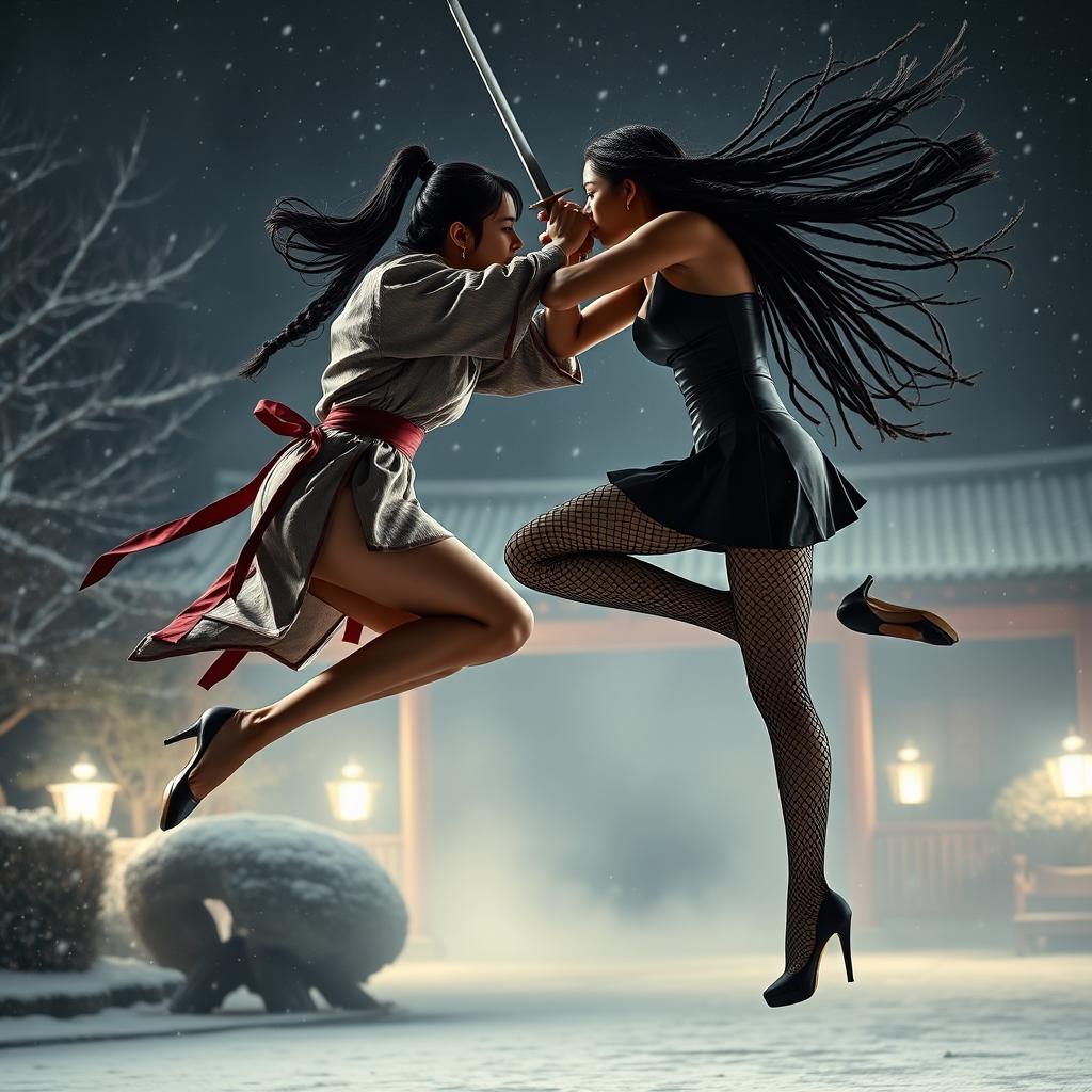 A dynamic and intense sword fight scene between two tall, slim women with long legs locked in a passionate kiss mid-air