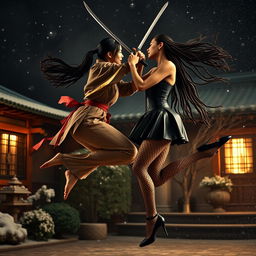 A dynamic and intense sword fight scene between two tall, slim women with long legs locked in a passionate kiss mid-air