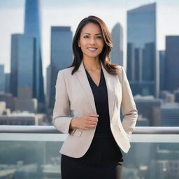 An empowered, successful business woman confidently standing in a modern corporate office, elegantly dressed in professional attire, with a skyline view in the background.