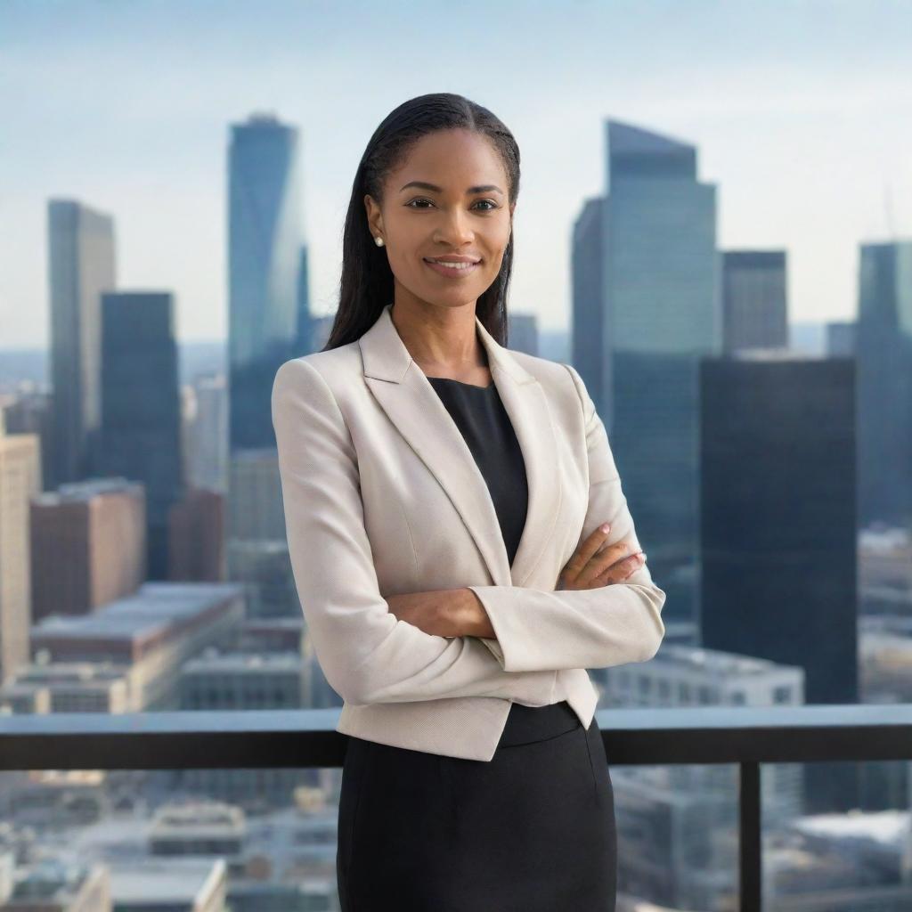 An empowered, successful business woman confidently standing in a modern corporate office, elegantly dressed in professional attire, with a skyline view in the background.