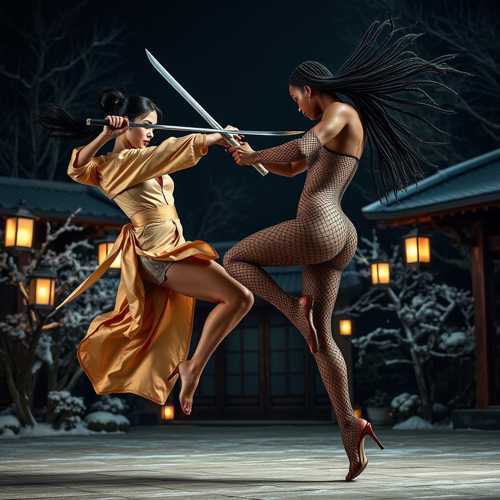 An intense sword fight scene featuring a tall, slim Chinese woman with long legs, leaping against a tall, athletic black woman