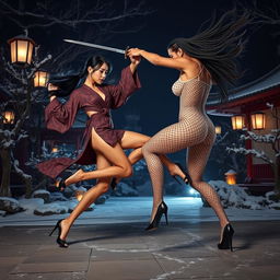 An intense sword fight scene featuring a tall, slim Chinese woman with long legs, leaping against a tall, athletic black woman