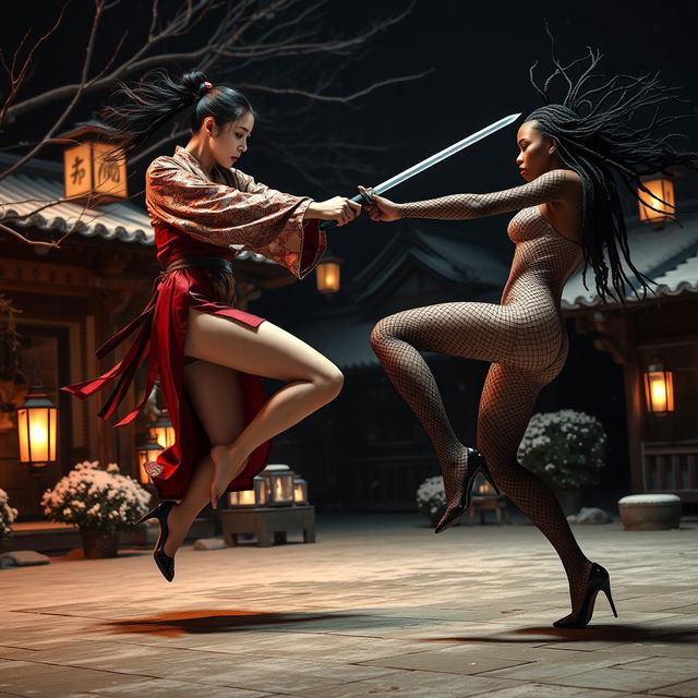 An intense sword fight scene featuring a tall, slim Chinese woman with long legs, leaping against a tall, athletic black woman