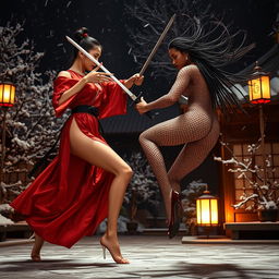 An intense sword fight scene featuring a tall, slim Chinese woman with long legs, leaping against a tall, athletic black woman