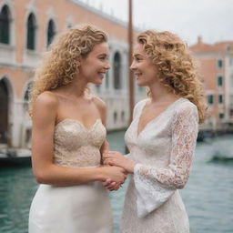 Adjust the image of Portia to have blonde, curly hair; Nerissa should have brown hair. They are engaged in a lively conversation with each other, both set against the backdrop of famous Venice landmarks.