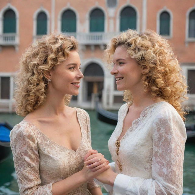 Adjust the image of Portia to have blonde, curly hair; Nerissa should have brown hair. They are engaged in a lively conversation with each other, both set against the backdrop of famous Venice landmarks.