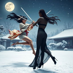 A dramatic sword fight scene set under the moonlit sky of a classic Japanese garden blanketed in a serene layer of winter snow