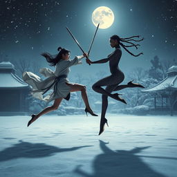 A dramatic sword fight scene set under the moonlit sky of a classic Japanese garden blanketed in a serene layer of winter snow