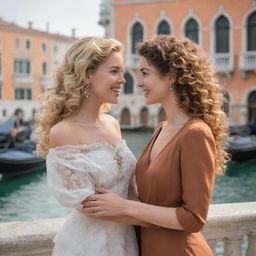 Adjust the image of Portia to have blonde, curly hair; Nerissa should have brown hair. They are engaged in a lively conversation with each other, both set against the backdrop of famous Venice landmarks.