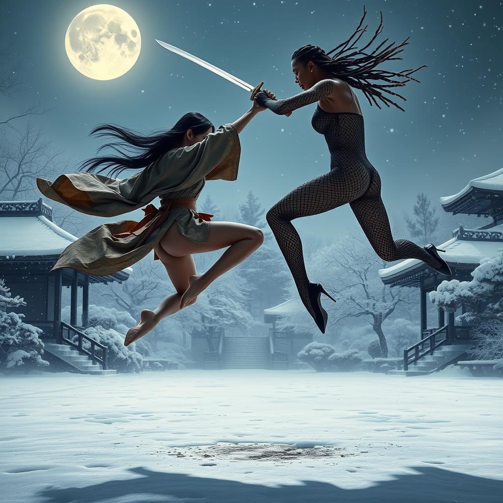 A dramatic sword fight scene set under the moonlit sky of a classic Japanese garden blanketed in a serene layer of winter snow