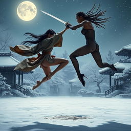 A dramatic sword fight scene set under the moonlit sky of a classic Japanese garden blanketed in a serene layer of winter snow