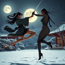 A dramatic sword fight scene set under the moonlit sky of a classic Japanese garden blanketed in a serene layer of winter snow