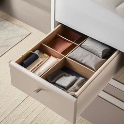 A well-crafted, stylish, and diverse drawer with multiple compartments, designed to fit comfortably in a contemporary bedroom setting