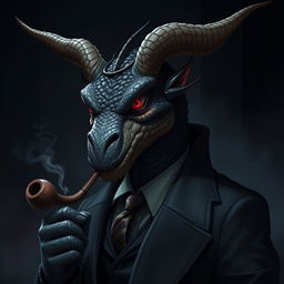 A majestic draconid with black scales dressed as a detective, exuding an air of authority and mystery