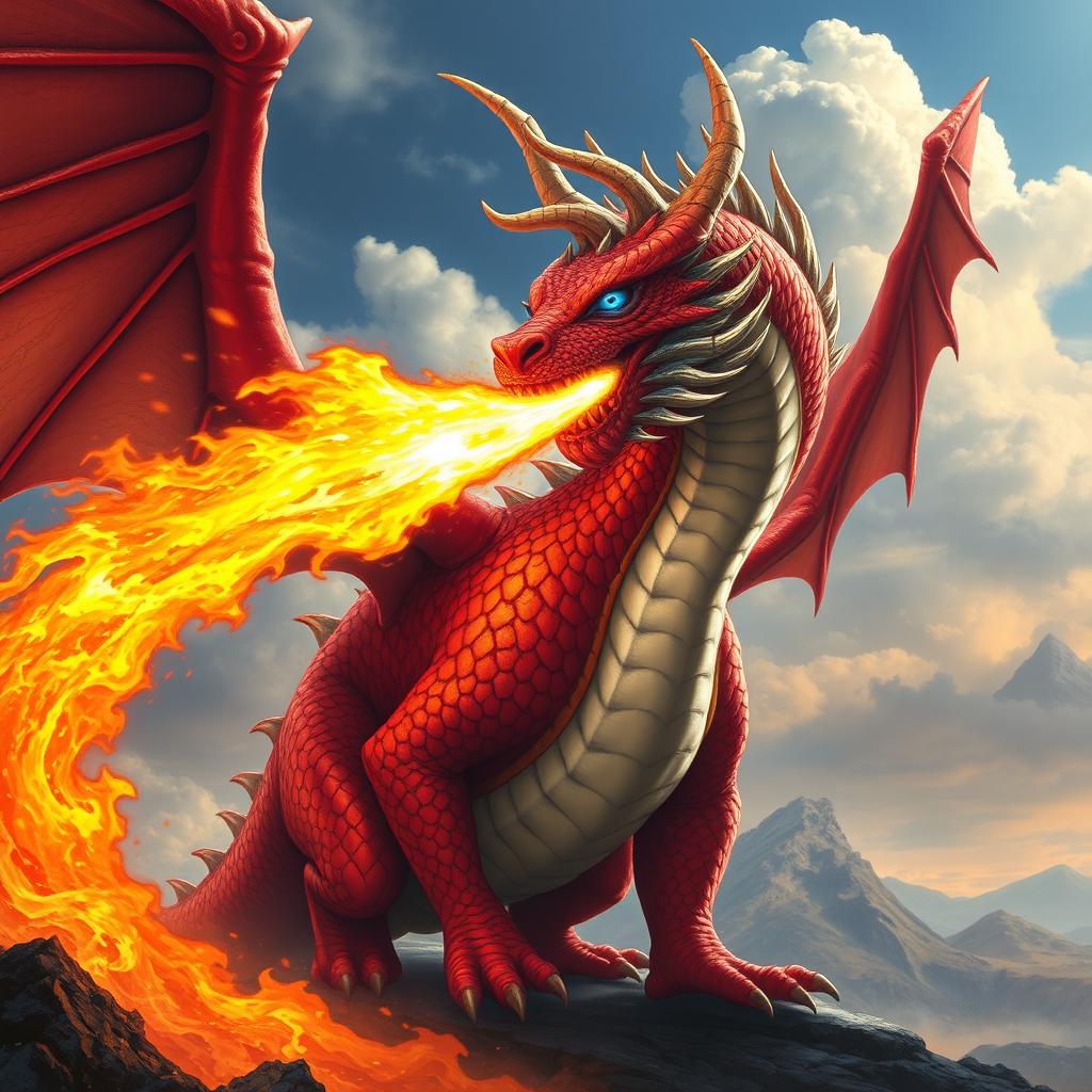 A magnificent red dragon with a striking white belly and enchanting blue eyes, unleashing a powerful stream of fire from its mouth