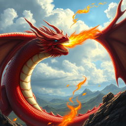 A magnificent red dragon with a striking white belly and enchanting blue eyes, unleashing a powerful stream of fire from its mouth