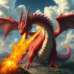 A magnificent red dragon with a striking white belly and enchanting blue eyes, unleashing a powerful stream of fire from its mouth