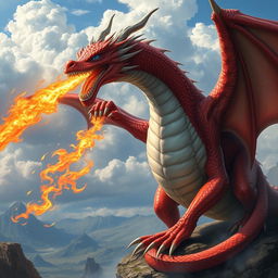 A magnificent red dragon with a striking white belly and enchanting blue eyes, unleashing a powerful stream of fire from its mouth