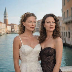 Alter the image, featuring Portia now with dark blonde, curly hair and Nerissa with brown hair, both joyously conversing against the iconic views of Venice.