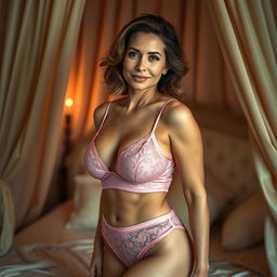 A confident and attractive woman in her late 30s or early 40s with an alluring aura, wearing elegant pink lingerie