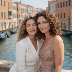 Alter the image, featuring Portia now with dark blonde, curly hair and Nerissa with brown hair, both joyously conversing against the iconic views of Venice.