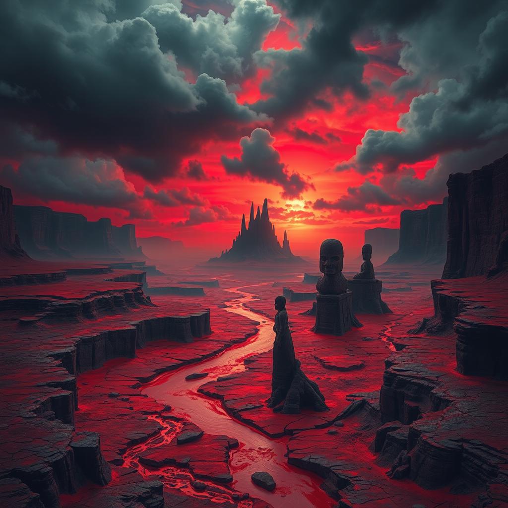 A vivid, surreal landscape depicting a world covered in a crimson hue, where rivers flow with blood and the sky is a deep, ominous red