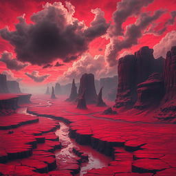 A vivid, surreal landscape depicting a world covered in a crimson hue, where rivers flow with blood and the sky is a deep, ominous red