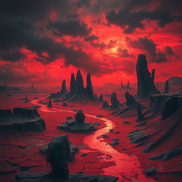 A vivid, surreal landscape depicting a world covered in a crimson hue, where rivers flow with blood and the sky is a deep, ominous red