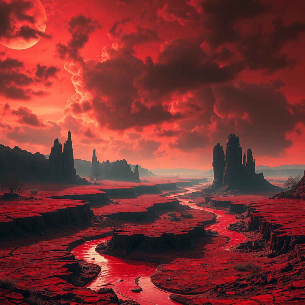 A vivid, surreal landscape depicting a world covered in a crimson hue, where rivers flow with blood and the sky is a deep, ominous red