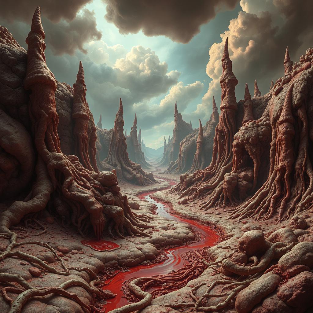 A grotesque and surreal landscape depicting a world crafted entirely from flesh and blood