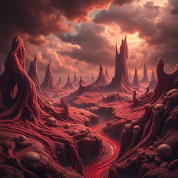 A grotesque and surreal landscape depicting a world crafted entirely from flesh and blood