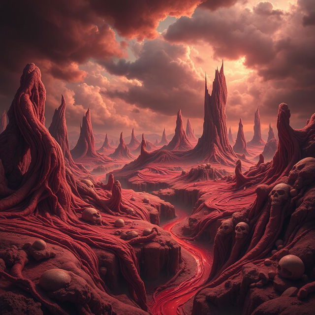 A grotesque and surreal landscape depicting a world crafted entirely from flesh and blood