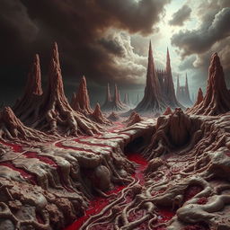 A grotesque and surreal landscape depicting a world crafted entirely from flesh and blood