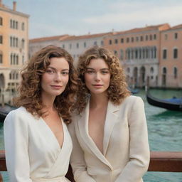 Alter the image, featuring Portia now with dark blonde, curly hair and Nerissa with brown hair, both joyously conversing against the iconic views of Venice.