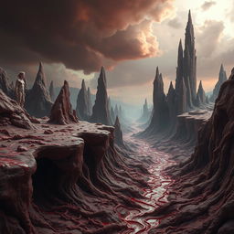 A grotesque and surreal landscape depicting a world crafted entirely from flesh and blood