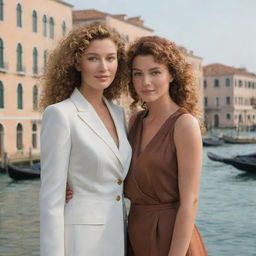 Alter the image, featuring Portia now with dark blonde, curly hair and Nerissa with brown hair, both joyously conversing against the iconic views of Venice.