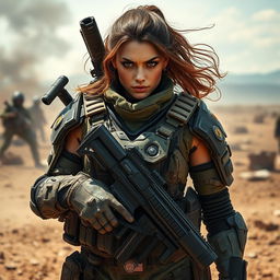 A fierce and determined woman mercenary, equipped with an array of advanced weaponry