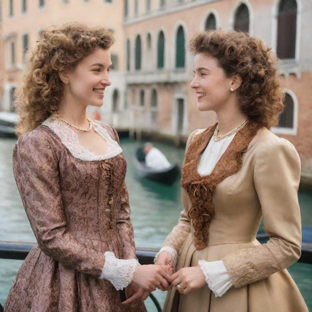 Update the scene where Portia, with dark blonde curly hair, and Nerissa, with brown hair, are both wearing elegant, vintage clothing. They are cheerfully engaged in conversation in the historical setting of Venice.