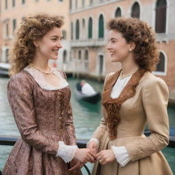 Update the scene where Portia, with dark blonde curly hair, and Nerissa, with brown hair, are both wearing elegant, vintage clothing. They are cheerfully engaged in conversation in the historical setting of Venice.