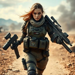 A fierce and determined woman mercenary, equipped with an array of advanced weaponry