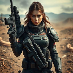 A fierce and determined woman mercenary, equipped with an array of advanced weaponry